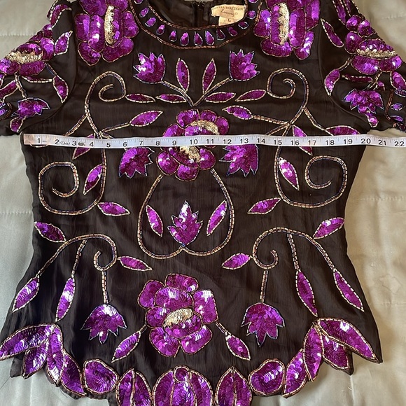 VTG Sequin Floral Top Large Black Purple Evening NWT Maximalist Pappel Glam 80s - Picture 13 of 16